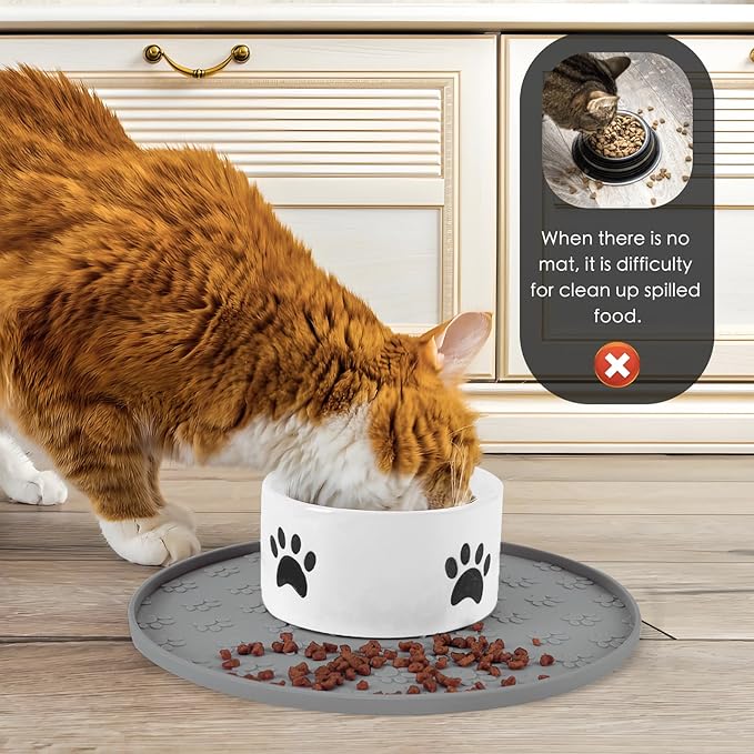Silicone Pet Food Mat - Waterproof Dog Food Bowl Mat Cat Feeding Mat Thicker Pet Placemat Eating Mat with High Lip to Prevent Spills, Dog & Cat Water Bowl Mat for Messy Drinkers to Protect Floors，Gray