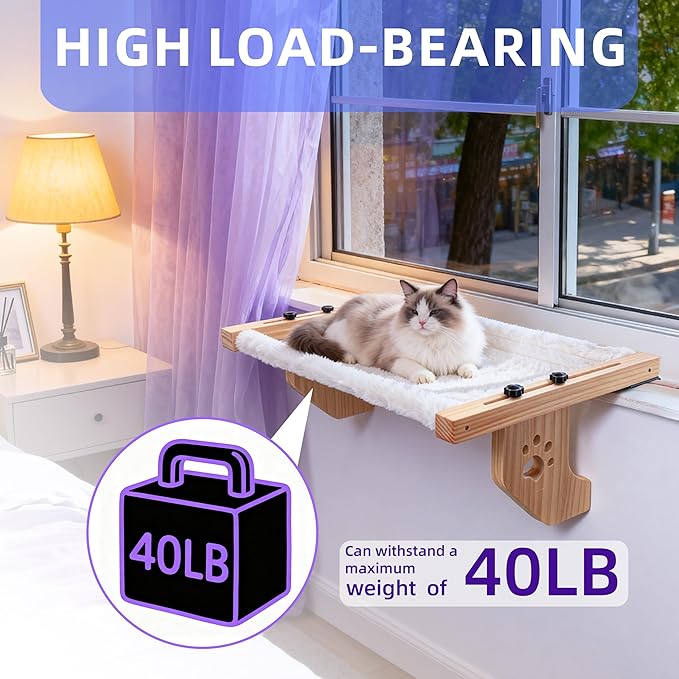 ESPETS Cat Window Sill Perch, Sturdy Cat Hammock Beds Window Seats with Soft Cusion, Large Cats and Kittens-22.5 Inch (White)