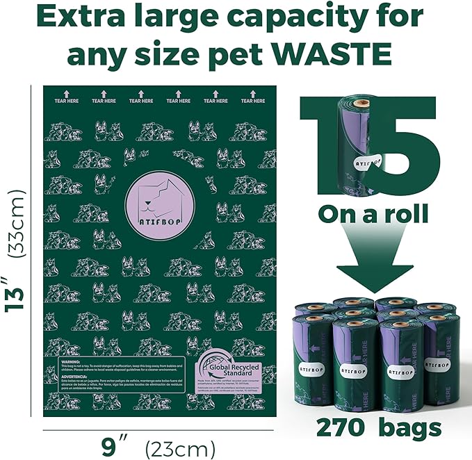 ATIFBOP Dog Poop Bags Rolls, Extra Thick and Leak-proof Poop Bag for Dogs, 270 Bags 18 Refill Rolls, Scented Waste Bag for Dog and Cat, Made form 65% Recycled Plastics