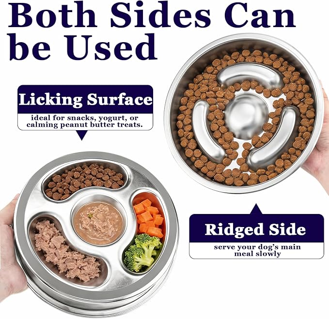 Stainless Steel Slow Feeder Dog Bowl Metal Dog Food Bowl with Non-Slip Mat for Small and Medium Sized Dogs, 2 to 4 Cups Capacity, Dishwasher-Safe, Double-Sided Design for Dry, Wet, or Raw Food