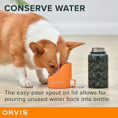 Orvis Dog Travel Water Bottle, 25oz Capacity | Portable Pet Waterer with Built-in Bowl | Stainless Steel, High Visibility Orange Lid