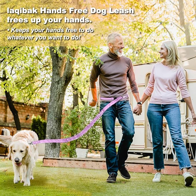 Hands Free Dog Leash, Adjustable Waist Leash for Dog, Handle Bungee 4.2-6.7 Feet Long with Reflective Stitches for Walking Hiking Running, Fits 26"- 43" Waist, Light Purple