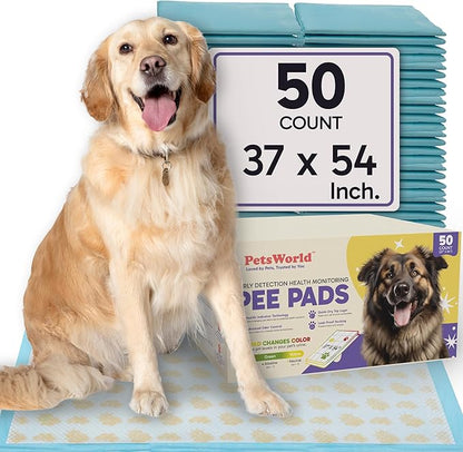 PetsWorld Health Monitoring Dog Pee Pads 37"x54" 50 Count – XXXL Color-Changing Pet Pee Pads for Dogs & Pets, Leak-Proof Super Absorbent Dog Training Pads with Odor Control