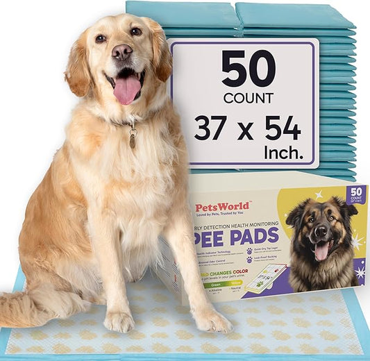 PetsWorld Health Monitoring Dog Pee Pads 37"x54" 50 Count – XXXL Color-Changing Pet Pee Pads for Dogs & Pets, Leak-Proof Super Absorbent Dog Training Pads with Odor Control