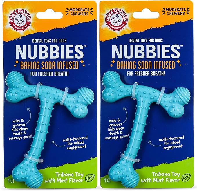 Arm & Hammer Nubbies T-Bone Dental Dog Chew Toy with Peanut Butter Flavor, Textured Chew Toy Designed to Help Clean Teeth and Support Oral Care for Dogs Up to 35 lbs - 2 Pack