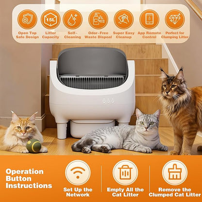 Greesum Self Cleaning Cat Litter Box – Automatic Open-Top Smart Litter Box with App Control, 15L Odor-Sealed Waste Bin, Ultra Quiet 35dB, Multi-Cat & Large Cat Compatible, with Trash Bags & Mat