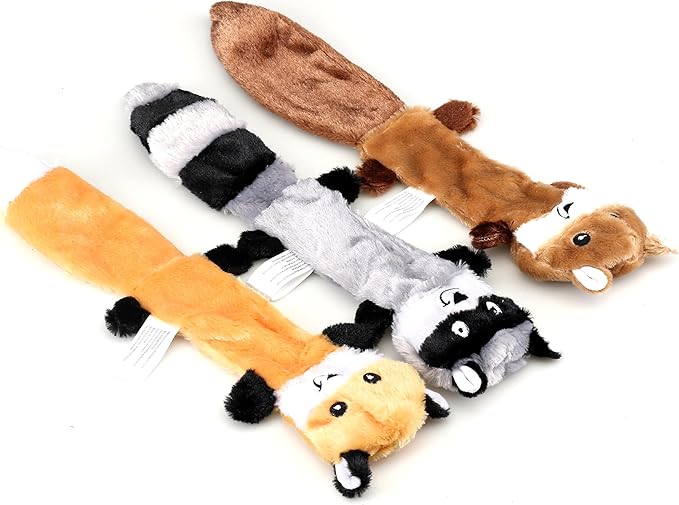 3-Piece Unstuffed Squeaky Dog Toys, Fox, Raccoon, and Squirrel, Flat No Stuffing Toys- 16"