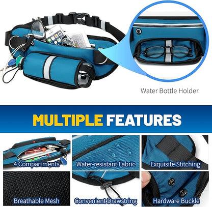 Hands Free Dog Leash with Pouch,Adjustable Waist Running Leash with Water Bottle Holder,Dual Padded Handles and Retractable Bungee for Walking Jogging Training Hiking (Blue)