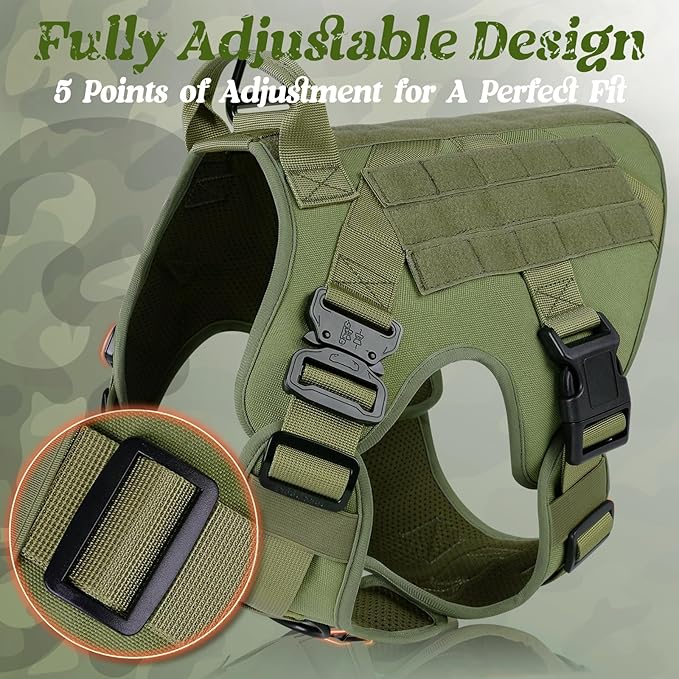 rabbitgoo Tactical Dog Harness for Large, Heavy Duty Pet Harness with Handle, No-Pull Service Vest Large Breed, Adjustable Military Dog Vest for Training Hunting Walking, Green, L