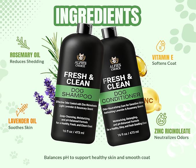 ALFIE'S CHOICE Dog Shampoo for Smelly Dogs | Fresh & Clean Shampoo and Conditioner Set | 16 fl oz Each | Lavender & Rosemary Deodorizing Wash | Odor Control for All Breeds | Made in USA