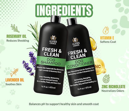 ALFIE'S CHOICE Dog Shampoo for Smelly Dogs | Fresh & Clean Shampoo and Conditioner Set | 16 fl oz Each | Lavender & Rosemary Deodorizing Wash | Odor Control for All Breeds | Made in USA