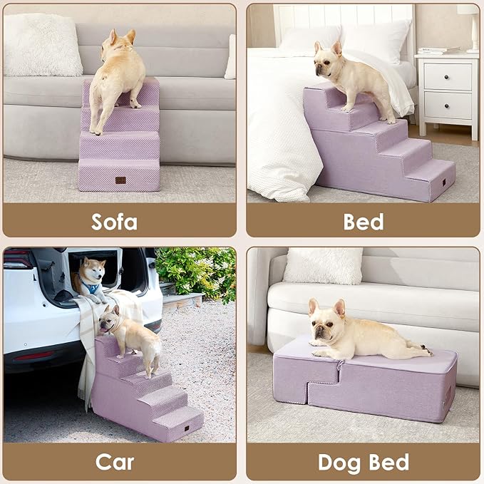 EHEYCIGA Dog Stairs for High Bed 22.5" H, 5-Step Dog Steps for Bed, Pet Steps for Small Dogs and Cats, Non-Slip Balanced Pet Ramp Indoor, Lilac