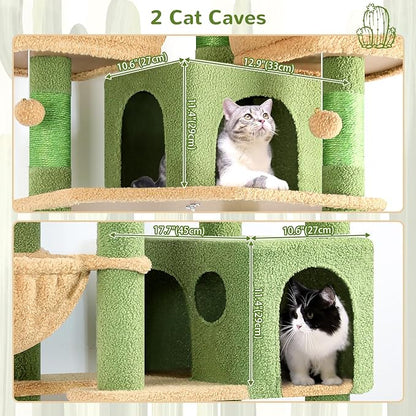 Globlazer Cactus Cat Trees and Towers for Multiple Adult Cats, 82-inch XXL Tall Cat Tree Tower for Indoor Cats with Scratching Post, 3 Perches, 2 Condos, 2 Hanging Baskets, F82, Green