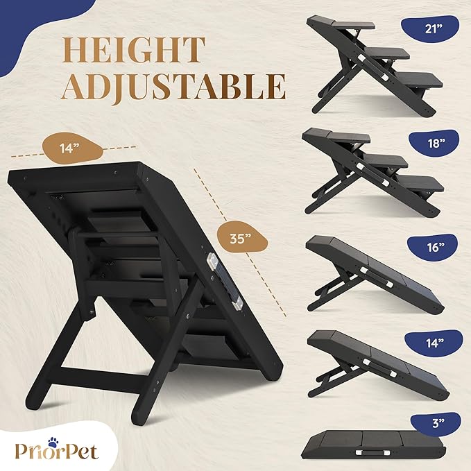 Dog ramp for Couch – Non-Slip, Sturdy Build Foldable Dog ramp – Supports up to 200lbs – Adjustable 7'' to 20'' – Landing Platform Seamlessly Connects – Birchwood Pet Ramp for Small Dogs –Black