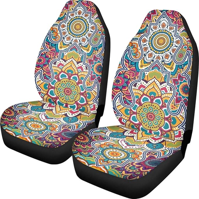 Dreaweet Boho Car Seat Covers Front Seats Mandala Lotus Flower Car Accessories for Women Interior 2 Piece Washable Universal Seat Covers for Cars SUV Sedan Easy to Install