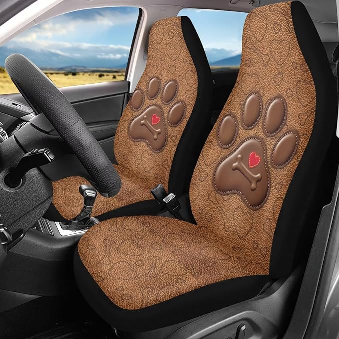 Dreaweet Dog Paw Car Seat Covers Brown 2 Piece Universal Washable Car Seat Cover Front Seats Only Cute Car Accessories Interior Easy to Install