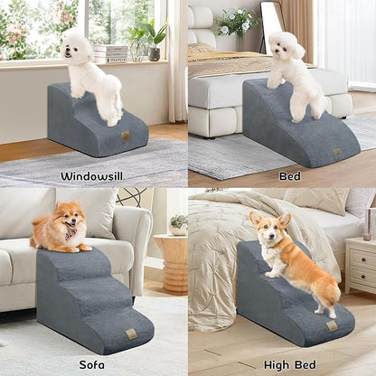 Mestuel Extended Dog Stairs Steps for Couch Sofa Bed, 2 Steps Dog Stairs Ramp for Small Old Joint Injury Dogs Cats Easy Access, Pet Stairs with High Density Foam& Nonslip Bottom, Gray