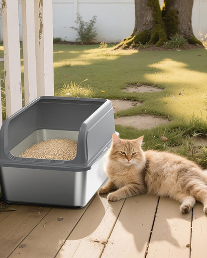 Stainless Steel Cat Litter Box, Metal Litter Box with Scoop, High- Sided, Anti-Leakage Top Entry, Non-Sticky, Easy to Clean, 8-Inch Splash-Proof Deep Pan, Grey, XXL (1 Pack)