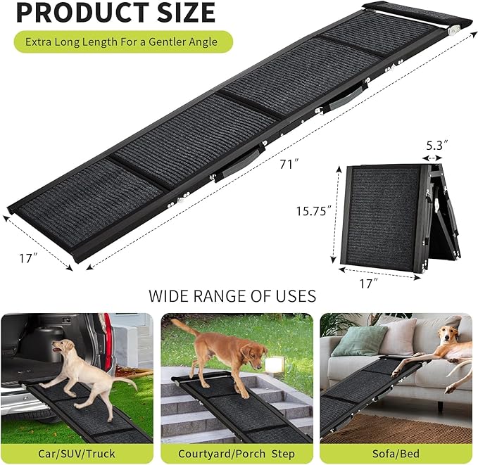 GarveeLife Dog Ramp for Car, 71''x 17'' Extra Long Folding Dog Ramp, Pet Ramp for Large Dogs with Non-Slip Rug Surface, Portable Pet Steps Up to 250LBS, Outdoor Dog Ramps for Car