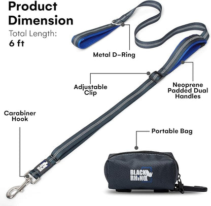 Black Rhino Heavy Duty Dog Leash for Medium and Large Dogs - 6 ft Long Double Handle Leash with Padded Traffic Control Handles and Bag for Comfort - Reflective, Durable, and Weather Resistant (Blue)