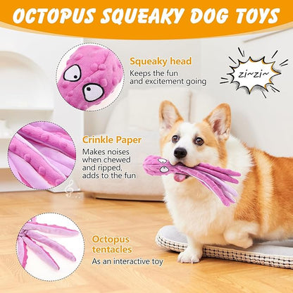 2 Pcs Octopus Dog Toys, No Stuffing Squeaky Dog Toys Chew Toys for Dogs Puppy Toys Indestructible Dog Toy for Small & Medium & Large Dogs (Purple,Green)
