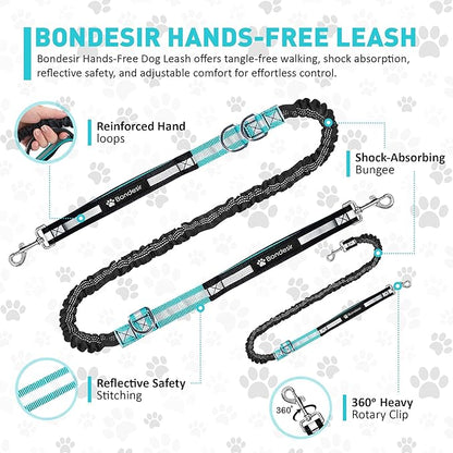 Waist Leash for Double Dog Walking 2 Medium and Large Dogs; Shock-Absorbing, No Pull, No Tangle, Heavy Duty, Hands-Free Double Bungee 2 Dog Leash; Hiking, Walking, Running Gear with Multiple Pockets