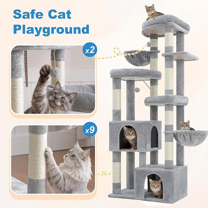 Hey-brother Cat Tree, 67.3 Inches Tower with 3 Soft Platform Beds, 2 Large Condos, 9 Sisal Scratching Posts, 2 Hammocks and Toys, Multi-Level Step House for Multiple Indoor Kittens, Light Gray MPJ084W