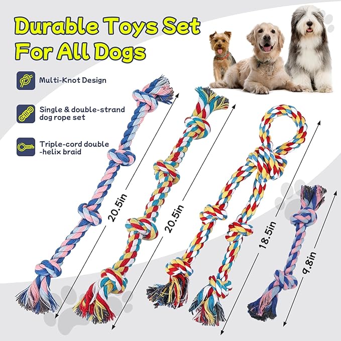 Rocfish 4 Pack Dog Rope Toys for Aggressive Chewers, Nearly Indestructible Tug of War Toys for All Dog Sizes, 100% Cotton Teeth Cleaning Chew Rope, Heavy Duty Tug Toy to Relieve Dog Boredom