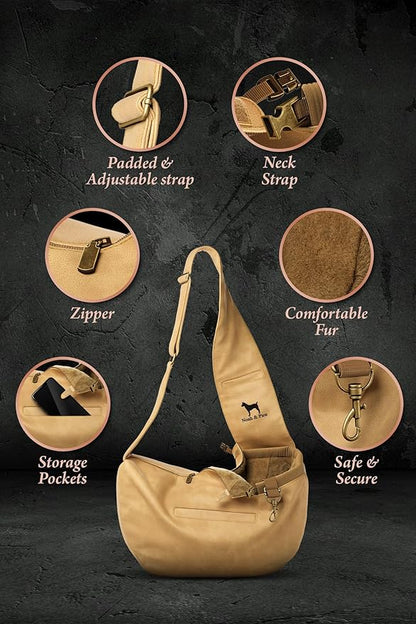 Noah & Paw Dog Sling Carrier for Small Dogs 5-18lb, Dog Sling for Small Dogs and Cats, Dog Carrier with Adjustable Padded Strap, Vegan Leather Lined with Fur, 3X Safety Features, Machine Washable