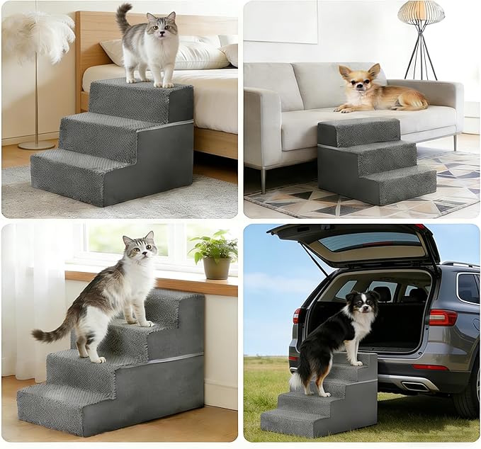Simple Deluxe Dog Stairs for Small Dogs, 5-Step Dog Step for Puppy, Older Cat, Medium Pet Ramp for Sofa, Couch or Chair, Indoor Non-Slip Pet Ladder with High Density Foam, Gray