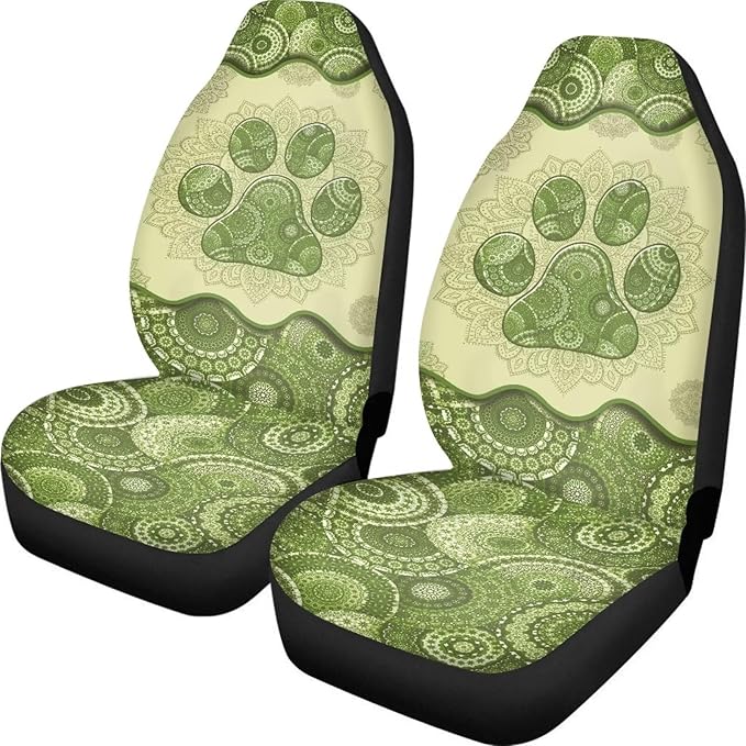 Dreaweet Boho Dog Paw Print Car Seat Covers for Women Green 2 Piece Car Front Seat Cover Washable Universal Bucket Seat Covers for Cars SUV Sedan Trucks