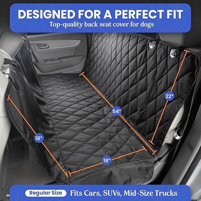 4Knines Dog Backseat Cover with Hammock for Cars, SUVs, and Trucks – Waterproof Layers, Nonslip Seat Protector, Durable Nylon Clips, K9 Shield with Heavy Duty Thread, (Regular, Tan)