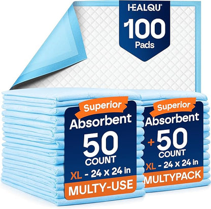 Healqu Puppy Pads - 100-Count, 24x24 - Advanced Leakproof Technology for Housebreaking & Training - Ultra Absorbent Puppy Pee Pads - Ideal for Dogs, Puppies, Cats - Attractant Pet Training Pads