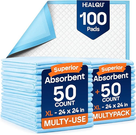 Healqu Puppy Pads - 100-Count, 24x24 - Advanced Leakproof Technology for Housebreaking & Training - Ultra Absorbent Puppy Pee Pads - Ideal for Dogs, Puppies, Cats - Attractant Pet Training Pads