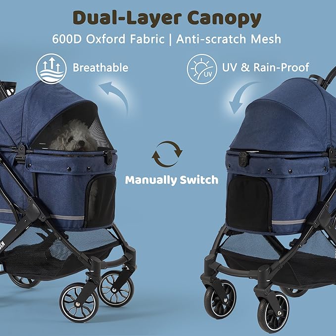 All-Terrain Dog Stroller for Small to Medium Dogs, Pet Stroller for Dogs & Cats Outdoor Walks, One-Hand Easy Fold, Double-Layer Anti-UV & Waterproof Canopy & Breathable Mesh, Midnight Blue