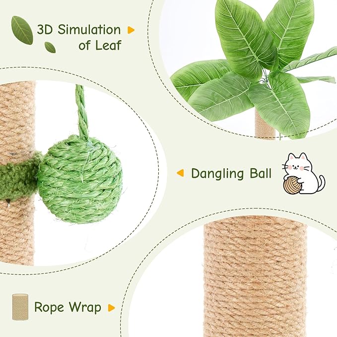 DUMOS Small 33inch Cat Scratching Post for Indoor Cats, Cat Scratcher Scratching Posts with Dangling Ball for Adult, Palm Tree Cat Scratch Post for Kittens, Green
