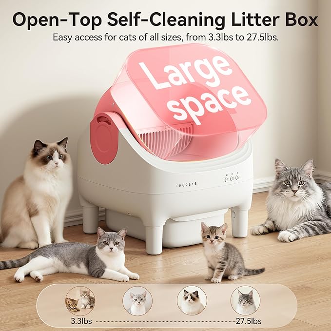 Thereye Self Cleaning Litter Box, Open-Top Automatic Litter Box with Smart App and Safety Sensors, Large Auto Litter Box for Multiple Cats, 10L Waste Bin with Odor Control, Includes Trash Bag, Pink