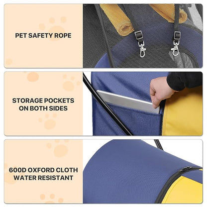 MoNiBloom Double Dog Stroller with Detachable Carrier Bags Large 4 Wheels Foldable Jogger for Small and Medium Dog Cats, Navy Blue/Yellow