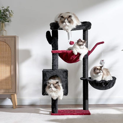 Heybly Cat Tree, 39.4 Inches Gothic Tower Condo with Scratching Post, Cat Tower for Indoor Cats, Fully Wrapped Sisal Pole, Soft Platform, 2 Baskets and Dangling Toy, Black and Red HCT006SBR