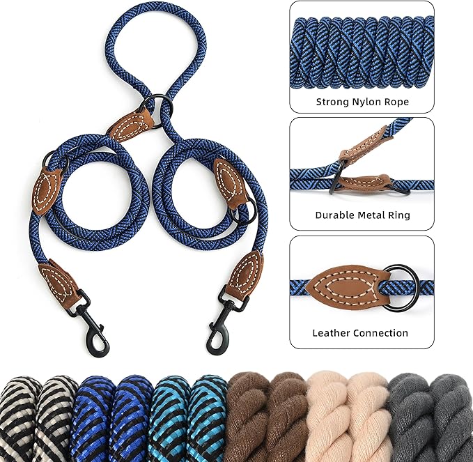Mile High Life Dual Dog Leash, Double Dog Leash, 360 Swivel No Tangle Walking Leash, Hands Free Leash w Leather Tailored Connection, Double Rope Leash for Two Dogs (Blue, 8FT)