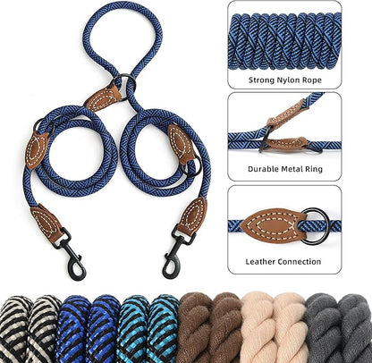 Mile High Life Dual Dog Leash, Double Dog Leash, 360 Swivel No Tangle Walking Leash, Hands Free Leash w Leather Tailored Connection, Double Rope Leash for Two Dogs (Blue, 8FT)
