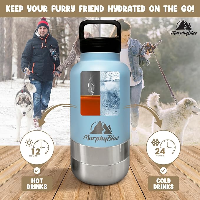 MurphyBlue Dog Water Bottle | 32 oz. Capacity Insulated Stainless Steel, Lid w/Built-in Carabiner, BPA Free Plastic Detachable Bowls, Portable Dog Water Bottles, Travel Bowls for Pets