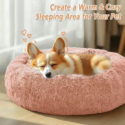 JOLLYVOGUE Calming Dog Bed Medium Size Dog, 31in Donut Washable Medium Pet Bed, Anti-Slip & Anti-Anxiety Fluffy Faux Fur Round Dogs Bed, Fits up to 45 lbs Pets (Peach Pink)