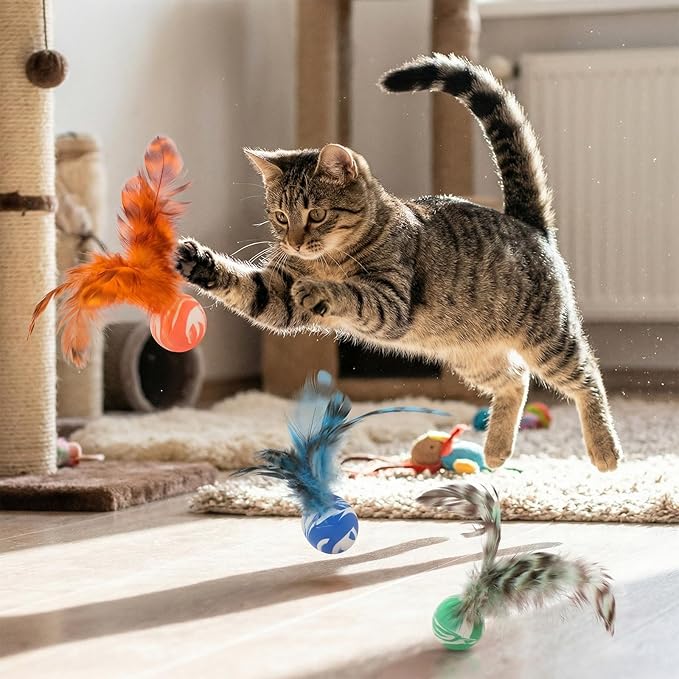 Cat Bouncy Ball with Feathers - 5 Pack Interactive Cat Feather Toys for Indoor Cats, Rubber Kitten Fetch Chase Toy for Interactive Exercise & Hunting Play