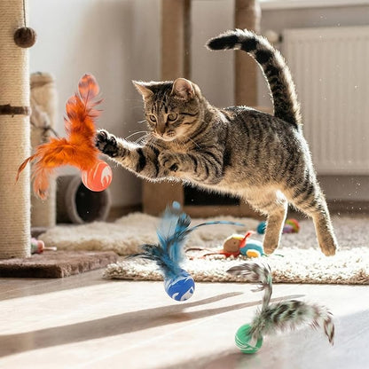 Cat Bouncy Ball with Feathers - 5 Pack Interactive Cat Feather Toys for Indoor Cats, Rubber Kitten Fetch Chase Toy for Interactive Exercise & Hunting Play