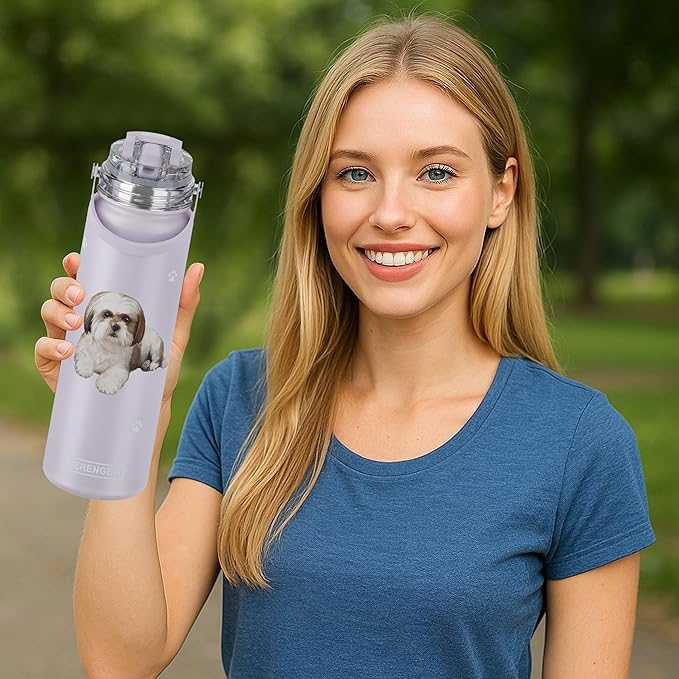 SERENGETI 24 Oz Water Bottle Stainless Steel with Spill Proof Lid - Double walled Vacuum Insulated water flask - Realistic 3D Print of your favorite dog (Shih Tzu)