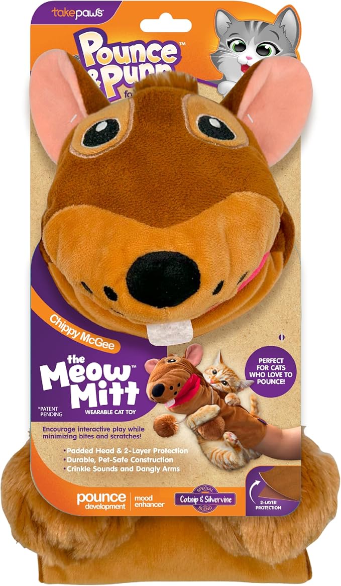 Pounce & Purr® Meow Mitt Wearable Cat Toy – Cat Wrestling Glove, “Chippy McGee” Plush Mitten with Catnip & Silvervine, Crinkle Sounds & Dangling Arms for Bonding Play with Cats & Kittens (Squirrel)