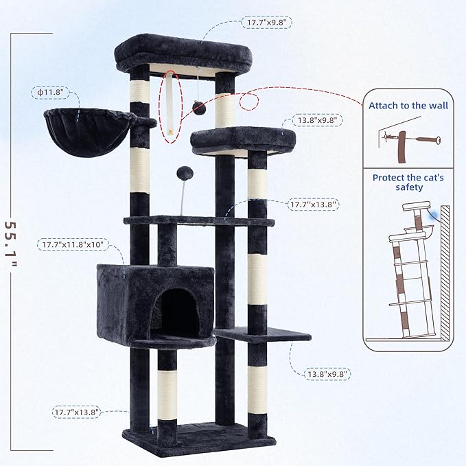 Cat Tree for Indoor Cats, 55.1 inch Cat Tower with 7 Sisal Scratching Posts, Multi-level Cat Condo wit Large Play Platform Furry Ball, Cat Cave, 2 Padded Perches, Basket, Smoky Gray GCT013G
