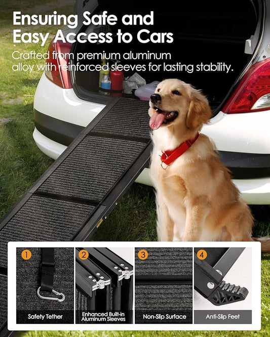 Folding Dog Ramp for Car SUV Truck, 17.3" x 63" Portable Pet Ramp for Large Dogs, Lightweight Non-Slip Dog Car Ramp, Sturdy Dog Ramp for Cars and High Beds, Easy to Carry and Store
