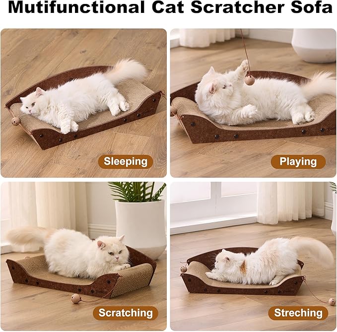 2 Pack 26'' Cardboard Cat Scratcher Bed - Large Scratcher Couch for Indoor Cats, Orthopedic Scratching Board, Lounger Scratching Couch with Bells